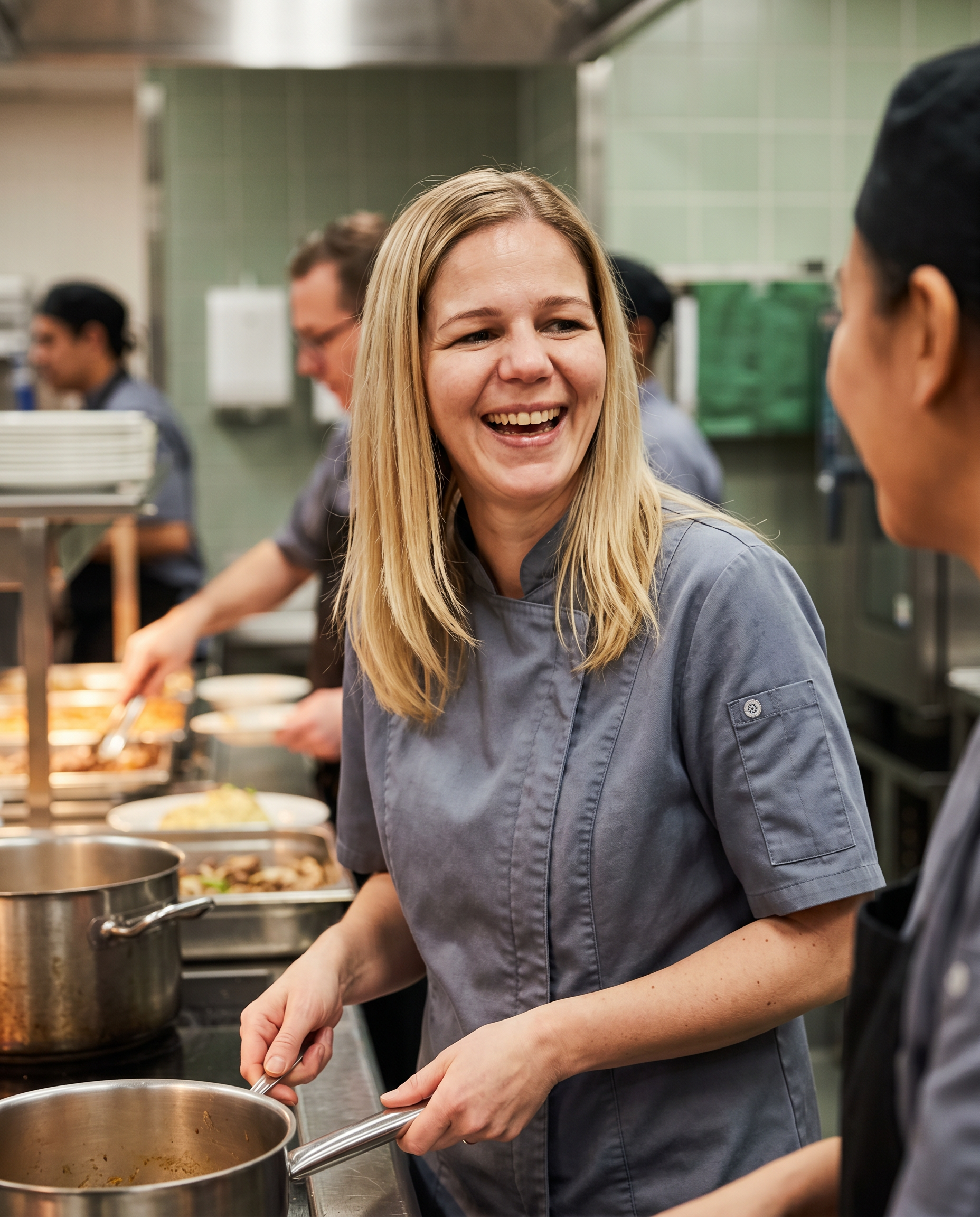 Nancy Isa collaborating with kitchen team