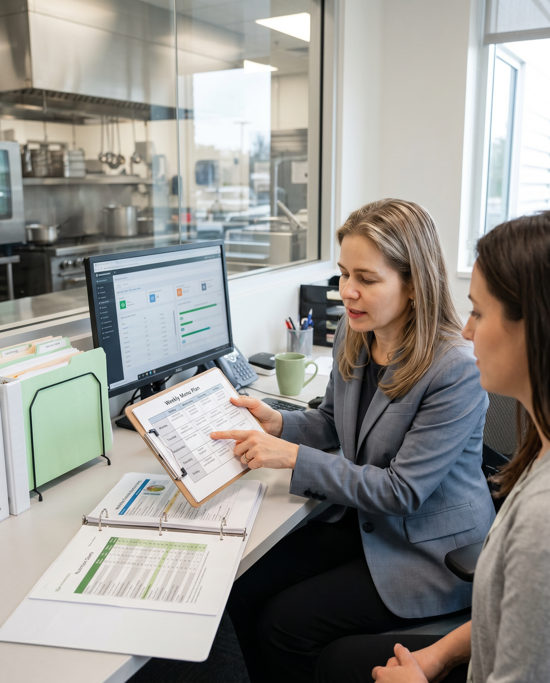 Nancy Isa reviewing a weekly menu plan with a colleague