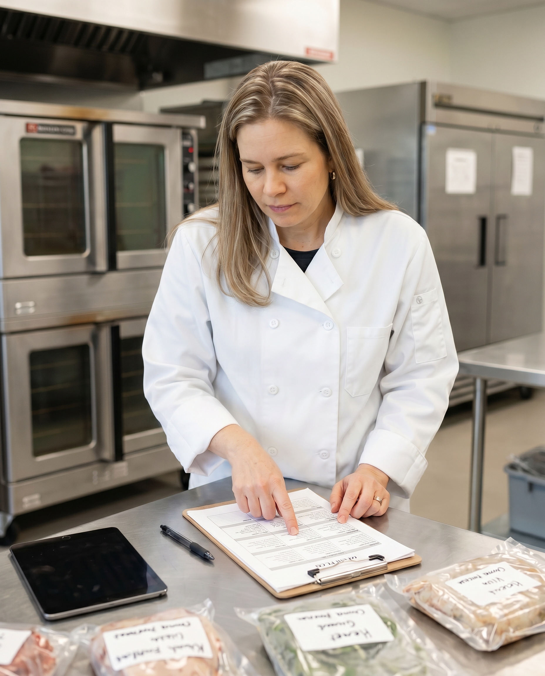 Nancy Isa reviewing production documents in a commercial kitchen